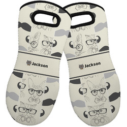 Hipster Cats & Mustache Neoprene Oven Mitts - Set of 2 w/ Name or Text