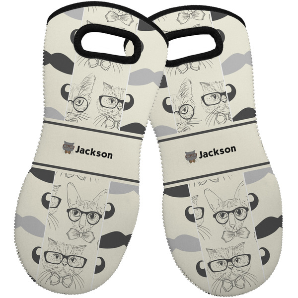Custom Hipster Cats & Mustache Neoprene Oven Mitts - Set of 2 w/ Name or Text