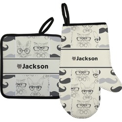 Hipster Cats & Mustache Oven Mitt & Pot Holder Set w/ Name or Text