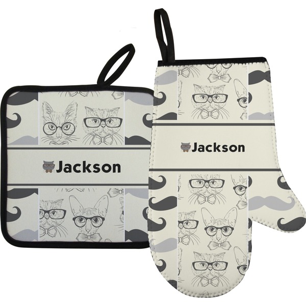 Custom Hipster Cats & Mustache Right Oven Mitt & Pot Holder Set w/ Name or Text