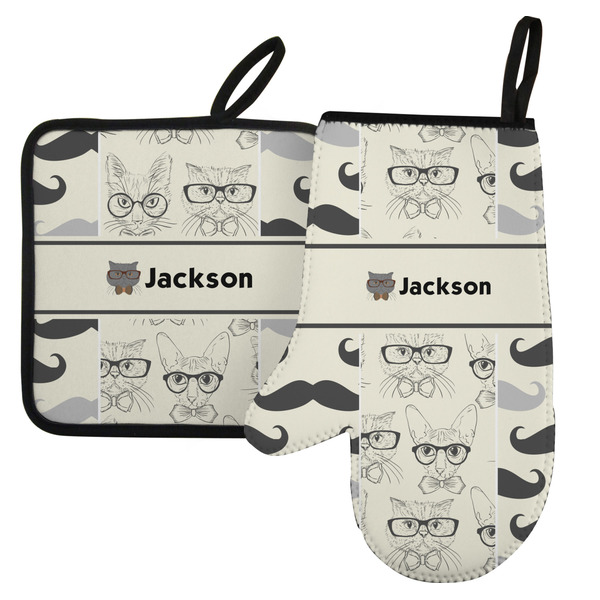 Custom Hipster Cats & Mustache Left Oven Mitt & Pot Holder Set w/ Name or Text