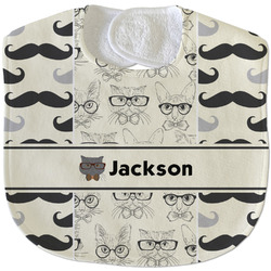 Hipster Cats & Mustache Velour Baby Bib w/ Name or Text
