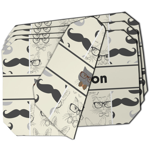 Custom Hipster Cats & Mustache Dining Table Mat - Octagon - Set of 4 (Double-SIded) w/ Name or Text
