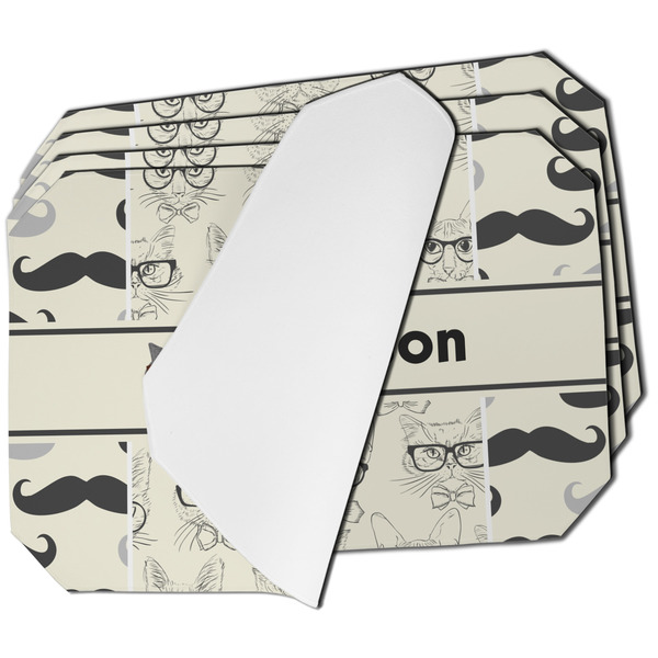 Custom Hipster Cats & Mustache Dining Table Mat - Octagon - Set of 4 (Single-Sided) w/ Name or Text