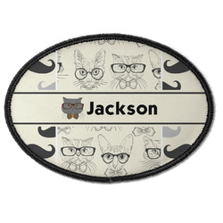 Hipster Cats & Mustache Iron On Oval Patch w/ Name or Text