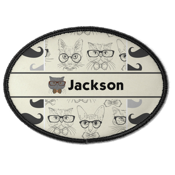 Custom Hipster Cats & Mustache Iron On Oval Patch w/ Name or Text