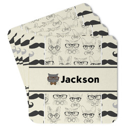 Hipster Cats & Mustache Paper Coasters w/ Name or Text