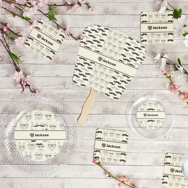 Hipster Cats & Mustache Party Supplies Combination Image - All items - Plates, Coasters, Fans