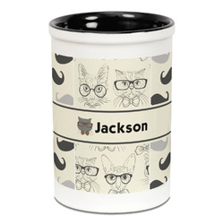 Hipster Cats & Mustache Ceramic Pencil Holders - Black