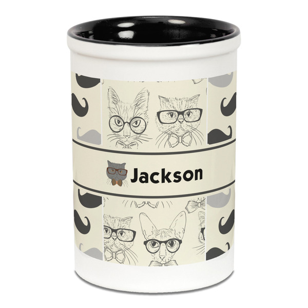 Custom Hipster Cats & Mustache Ceramic Pencil Holders - Black