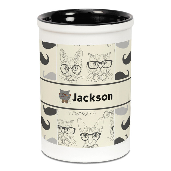 Hipster Cats & Mustache Pencil Holder - Black