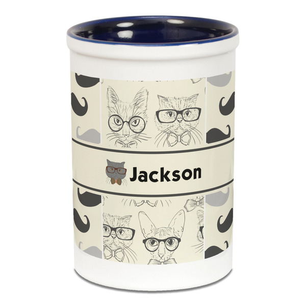 Hipster Cats & Mustache Pencil Holder - Blue