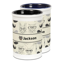 Hipster Cats & Mustache Ceramic Pencil Holder - Large