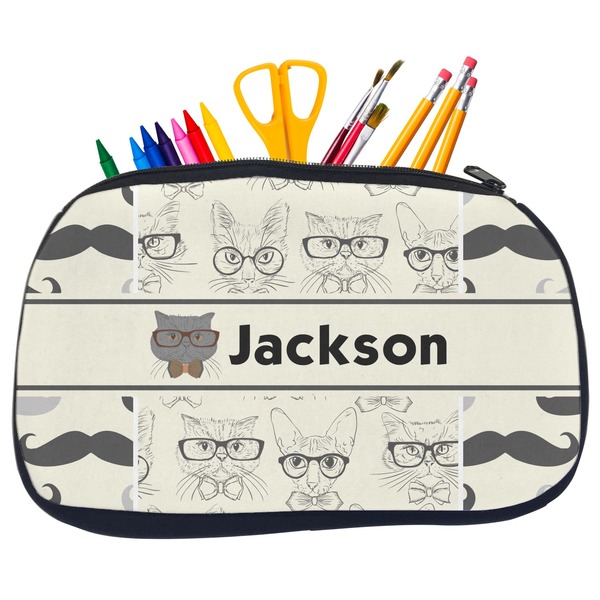 Custom Hipster Cats & Mustache Neoprene Pencil Case - Medium w/ Name or Text