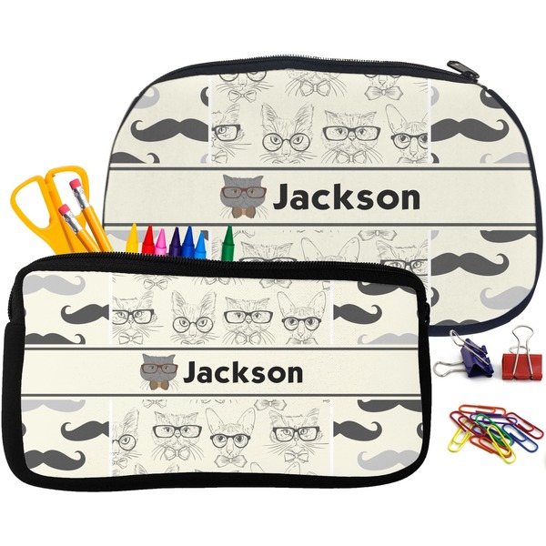 Hipster Cats & Mustache Pencil / School Supplies Bags Small and Medium