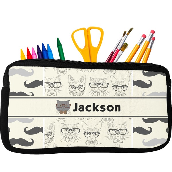 Custom Hipster Cats & Mustache Neoprene Pencil Case - Small w/ Name or Text