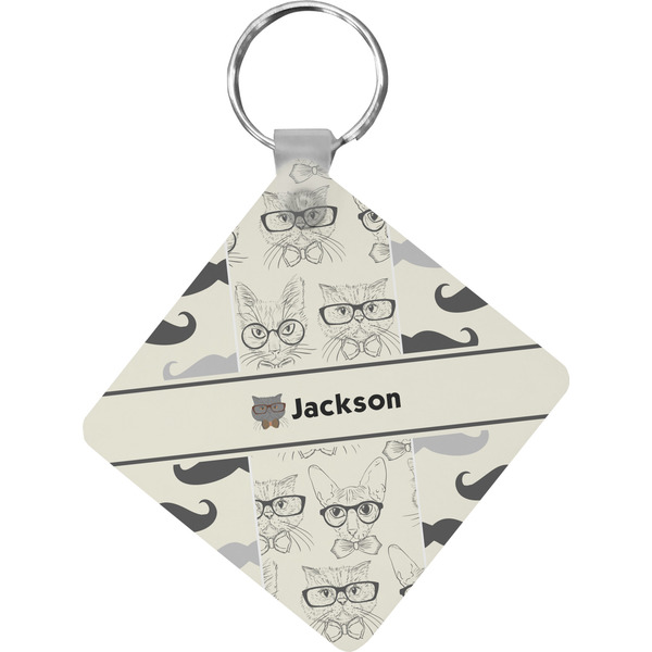 Custom Hipster Cats & Mustache Diamond Plastic Keychain w/ Name or Text