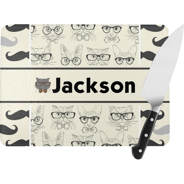 Custom Hipster Cats & Mustache Rectangular Glass Cutting Board - Medium - 11"x8" (Personalized)