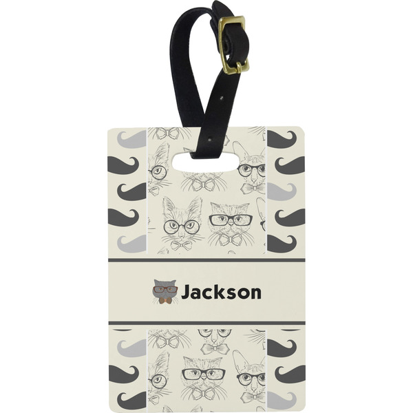 Custom Hipster Cats & Mustache Plastic Luggage Tag - Rectangular w/ Name or Text