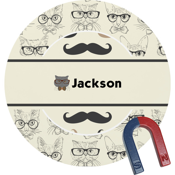 Custom Hipster Cats & Mustache Round Fridge Magnet (Personalized)