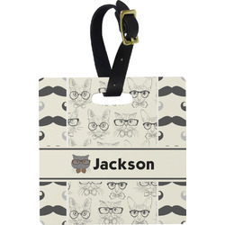 Hipster Cats & Mustache Plastic Luggage Tag - Square w/ Name or Text