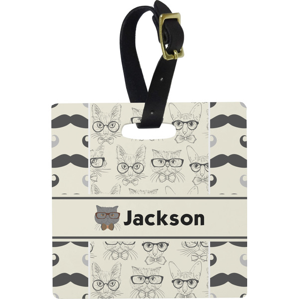 Custom Hipster Cats & Mustache Plastic Luggage Tag - Square w/ Name or Text