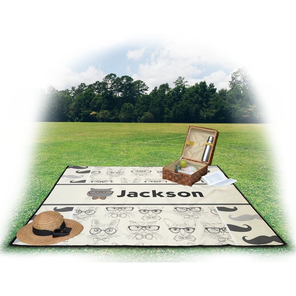 Hipster Cats & Mustache Picnic Blanket - with Basket Hat and Book - in Use