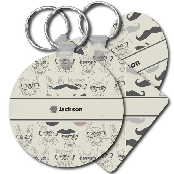 Custom Hipster Cats & Mustache Plastic Keychain (Personalized)