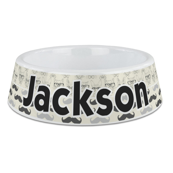 Custom Hipster Cats & Mustache Plastic Dog Bowl - Large (Personalized)