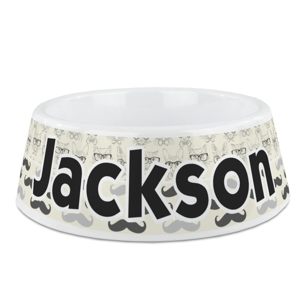Custom Hipster Cats & Mustache Plastic Dog Bowl - Medium (Personalized)
