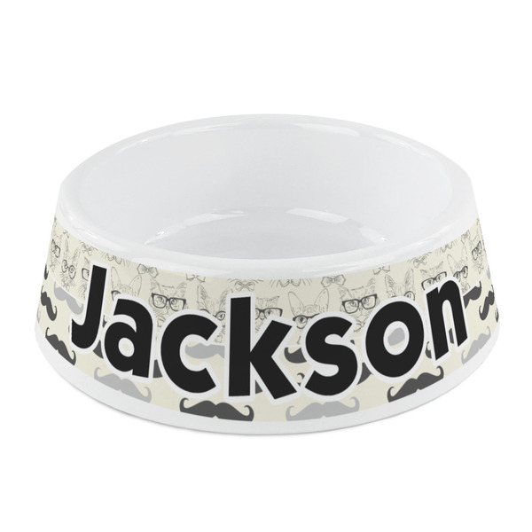 Custom Hipster Cats & Mustache Plastic Dog Bowl - Small (Personalized)