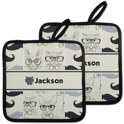 Hipster Cats & Mustache Pot Holders - Set of 2 w/ Name or Text