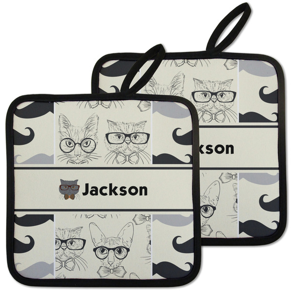 Custom Hipster Cats & Mustache Pot Holders - Set of 2 w/ Name or Text
