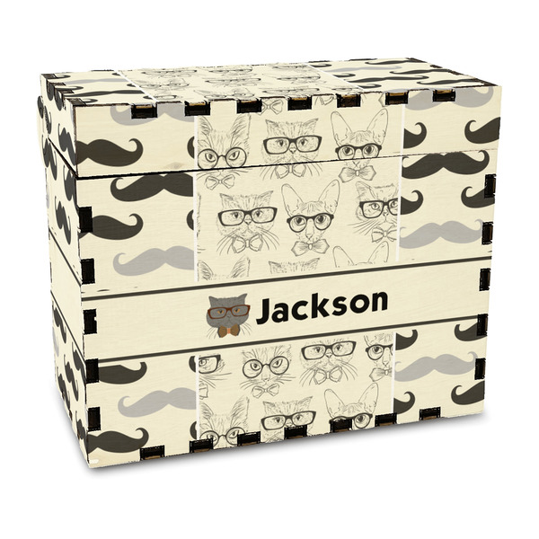 Custom Hipster Cats & Mustache Wood Recipe Box - Full Color Print (Personalized)
