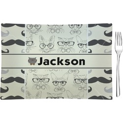 Hipster Cats & Mustache Rectangular Glass Appetizer / Dessert Plate - Single or Set (Personalized)