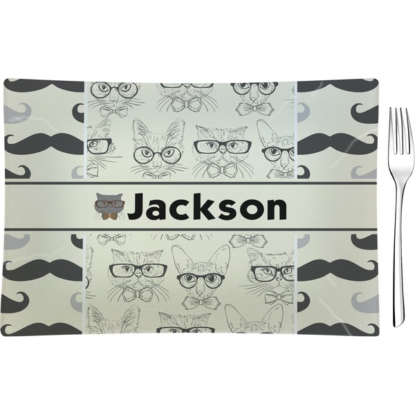 Custom Hipster Cats & Mustache Rectangular Glass Appetizer / Dessert Plate - Single or Set (Personalized)