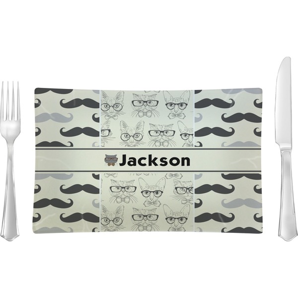 Custom Hipster Cats & Mustache Rectangular Glass Lunch / Dinner Plate - Single or Set (Personalized)