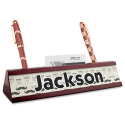 Hipster Cats & Mustache Red Mahogany Nameplate with Business Card Holder (Personalized)