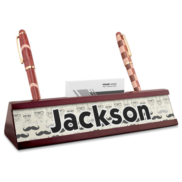 Custom Hipster Cats & Mustache Red Mahogany Nameplate with Business Card Holder (Personalized)
