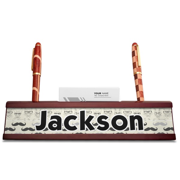 Hipster Cats & Mustache Red Mahogany Nameplates with Business Card Holder - Straight