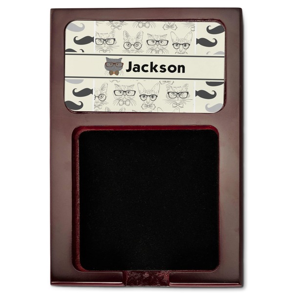 Hipster Cats & Mustache Red Mahogany Sticky Note Holder - Flat