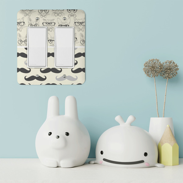 Hipster Cats & Mustache Rocker Light Switch Covers - Double - IN CONTEXT