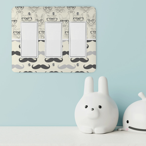 Hipster Cats & Mustache Rocker Light Switch Covers - Triple - IN CONTEXT