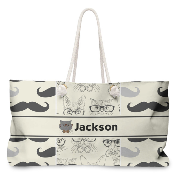 Custom Hipster Cats & Mustache Large Tote Bag with Rope Handles (Personalized)