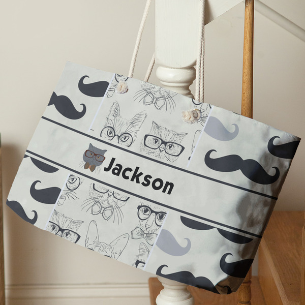 Hipster Cats & Mustache Large Rope Tote - Life Style