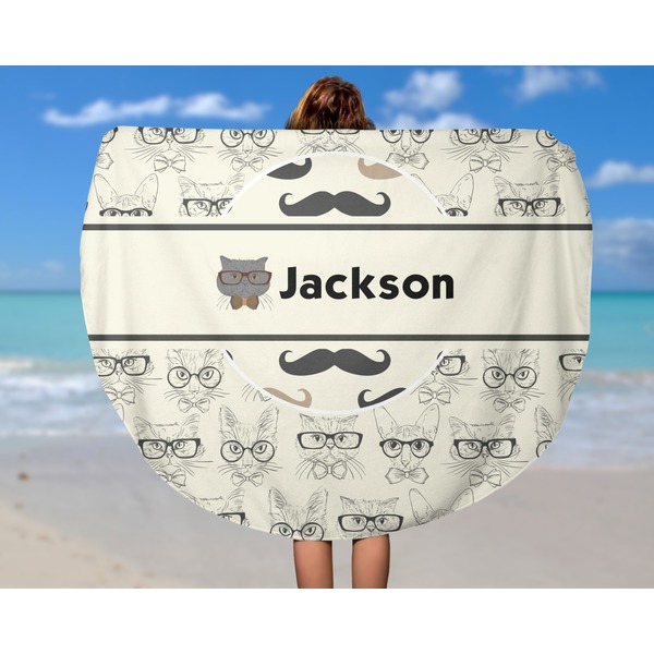 Hipster Cats & Mustache Round Beach Towel - In Use