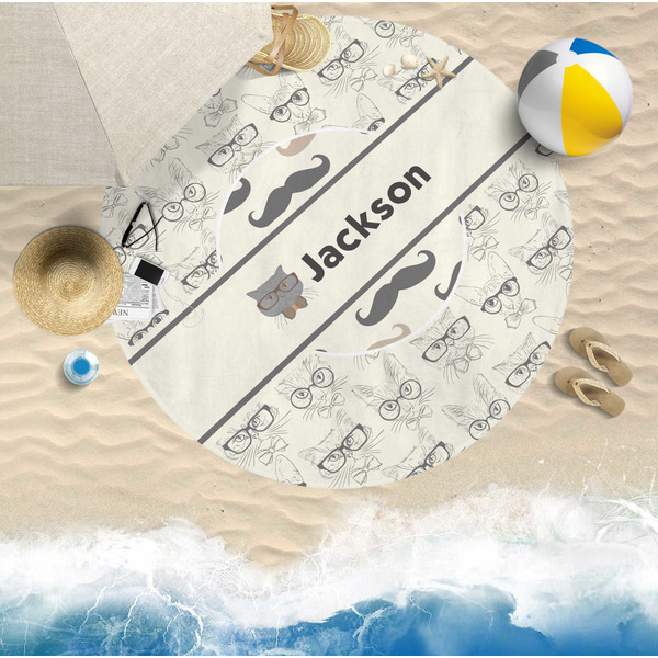 Hipster Cats & Mustache Round Beach Towel Lifestyle