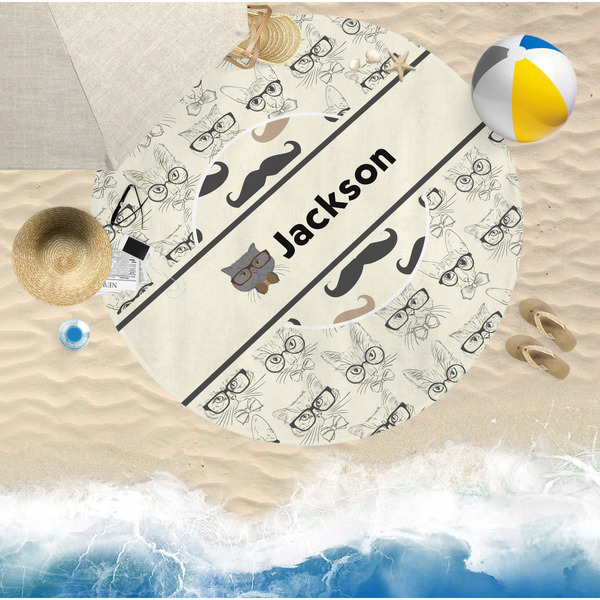 Hipster Cats & Mustache Round Beach Towel Lifestyle