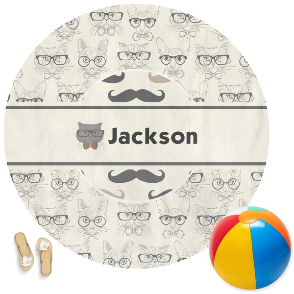 Custom Hipster Cats & Mustache Round Beach Towel (Personalized)