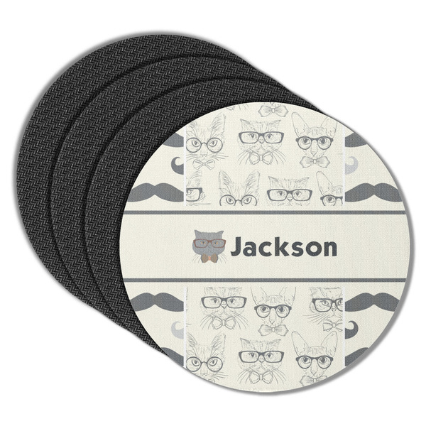 Custom Hipster Cats & Mustache Round Rubber Backed Coasters - Set of 4 (Personalized)